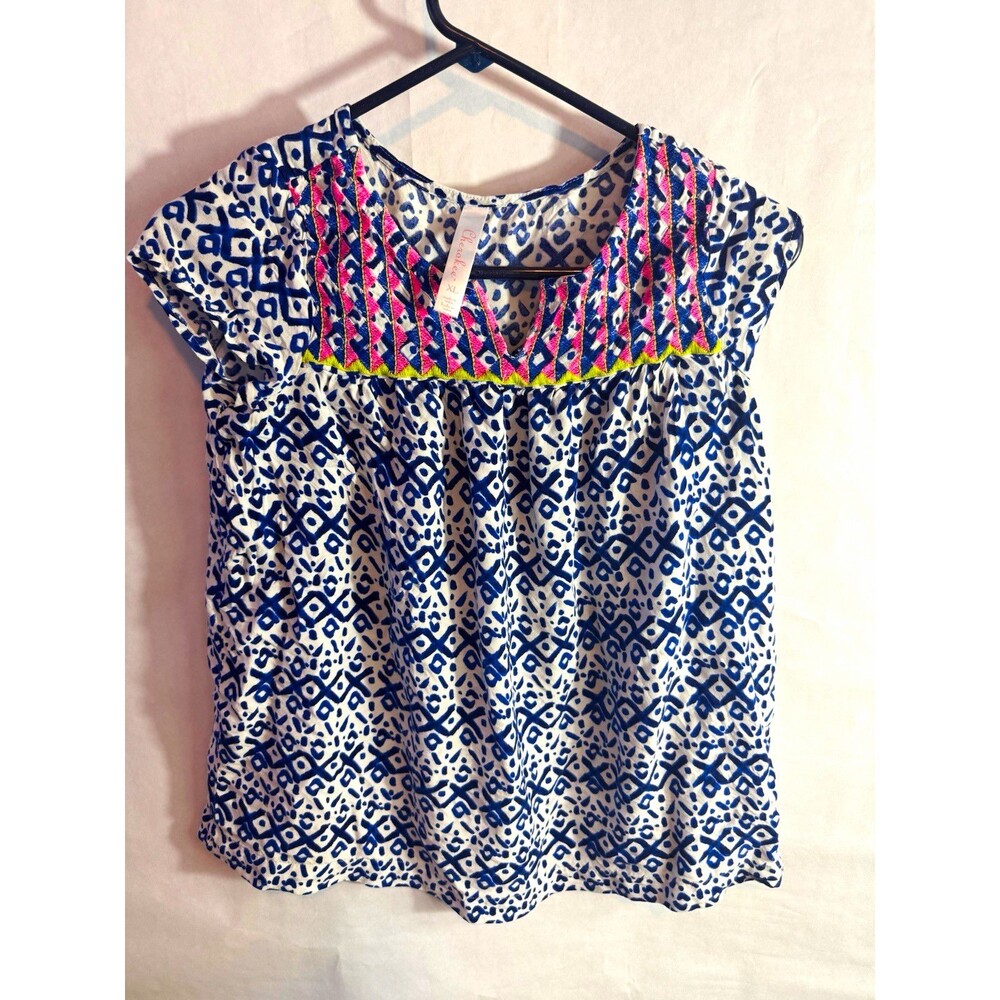 Cherokee Women’s XL Blue White Geometric Embroidered Yoke Cap Sleeve Peasant Top